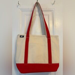 LANDS' END MEDIUM 5 Pocket Open Top Long Handle Canvas Tote with Red Straps